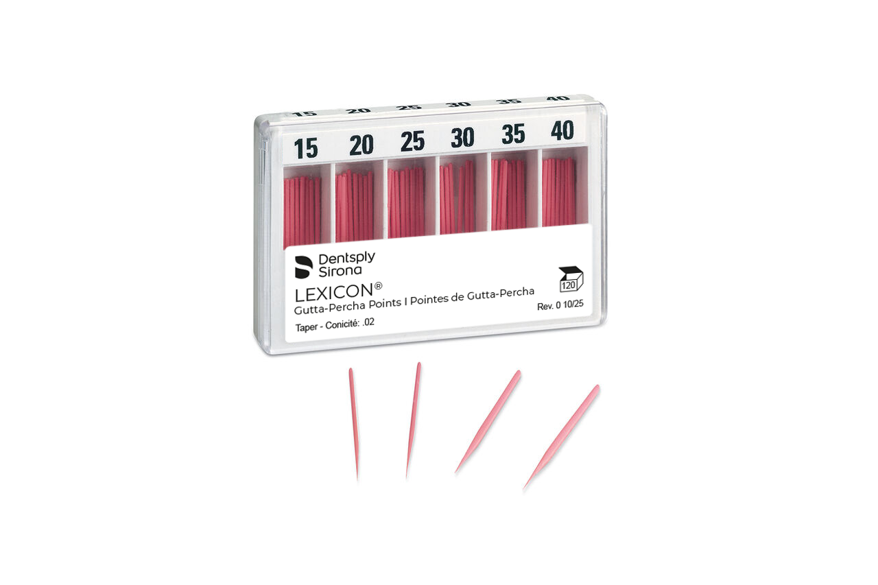Pointe de gutta-percha rose Lexicon 0,02 pointes, tailles 35 à 120 et assorties