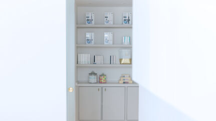 Dental practice, cabinet with items.