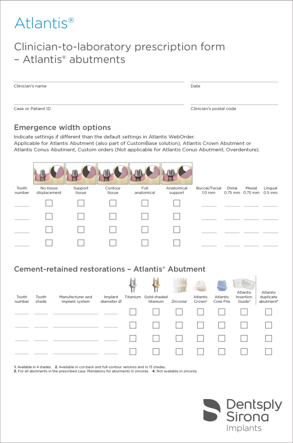 Atlantis abutments - Clinician-to-laboratory prescription form