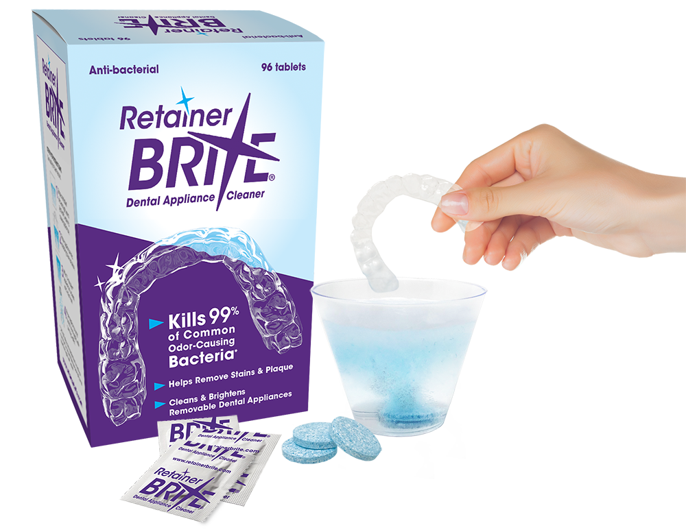 Retainer Brite Dental Appliance Cleaner 96 ct box  with hand