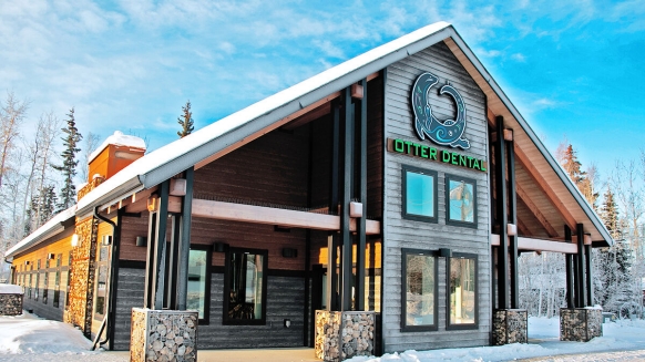 Rustic and natural design: A view from outside Otter Dental in Fairbanks, Alaska.